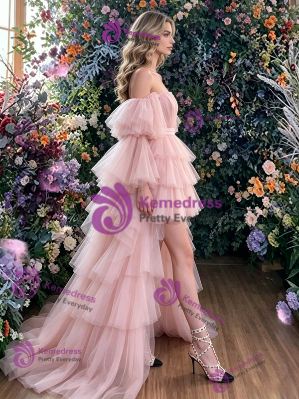 Pink Tulle Hi Lo Tiers Prom Dress