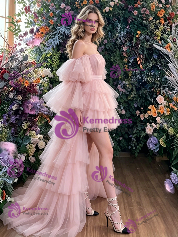 Pink Tulle Hi Lo Tiers Prom Dress