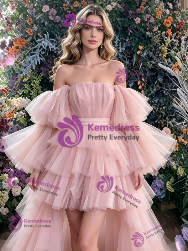 Pink Tulle Hi Lo Tiers Prom Dress