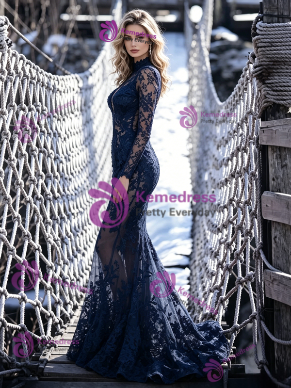 Navy Blue Mermaid Lace Long Sleeve Prom Dress