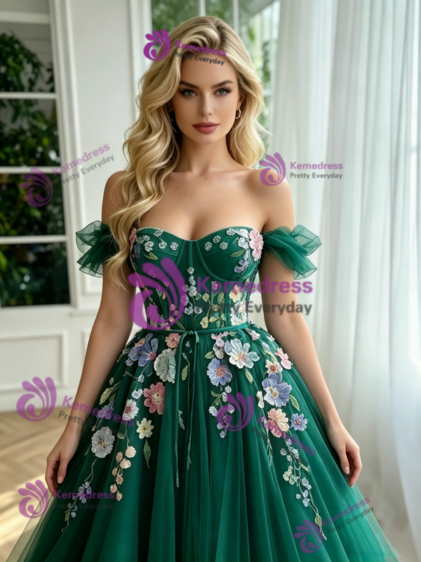 Grene Tulle Off the Shoulder Appliques Prom Dress
