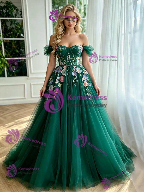 Grene Tulle Off the Shoulder Appliques Prom Dress