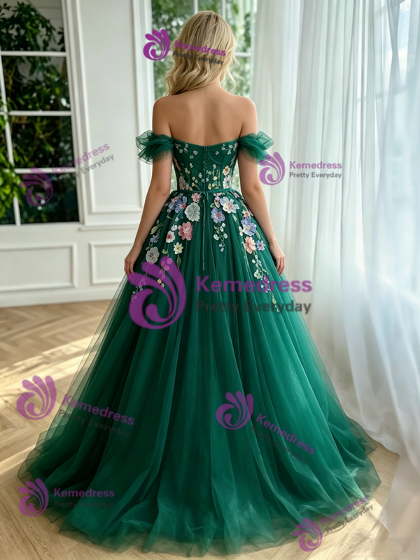 Grene Tulle Off the Shoulder Appliques Prom Dress