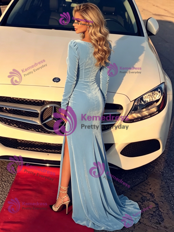 Blue Mermaid Velvet Long Sleeve Prom Dress