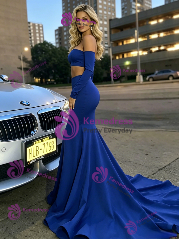 Blue Mermaid Two Piece Long Sleeve Prom Dress
