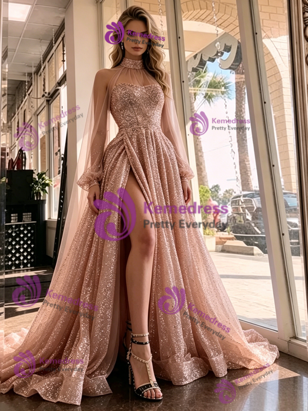 Long Sleeve Sequins High Neck Prom Dress