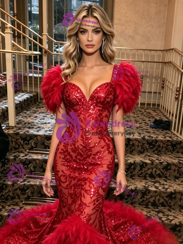 Red Mermaid Seuqins Feather Prom Dress