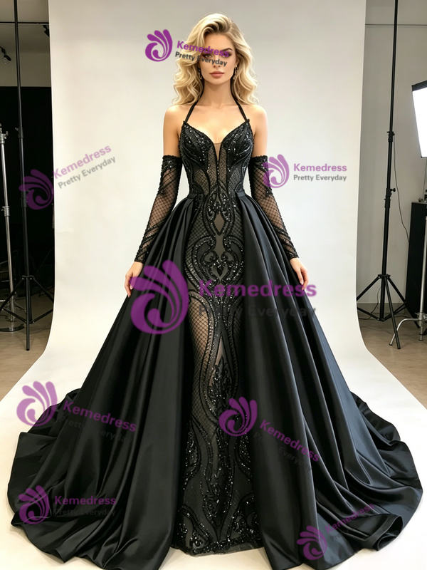 Black Satin Sequins Long Sleeve Prom Dress