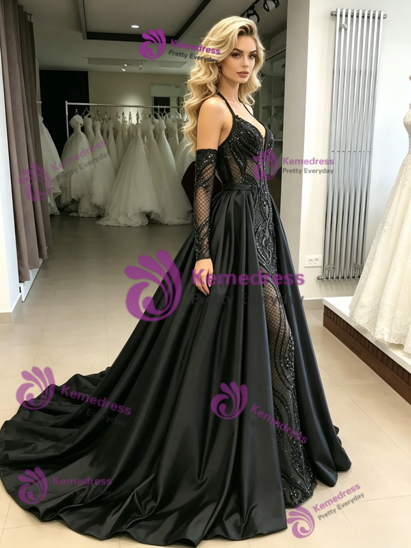 Black Satin Sequins Long Sleeve Prom Dress