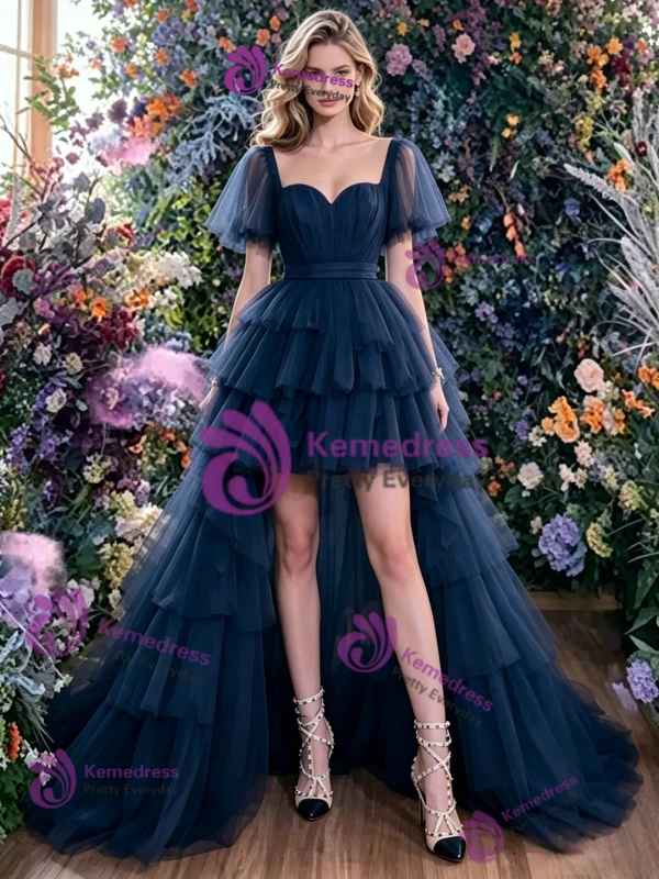 Navy Blue Tulle Hi Lo Prom Dress