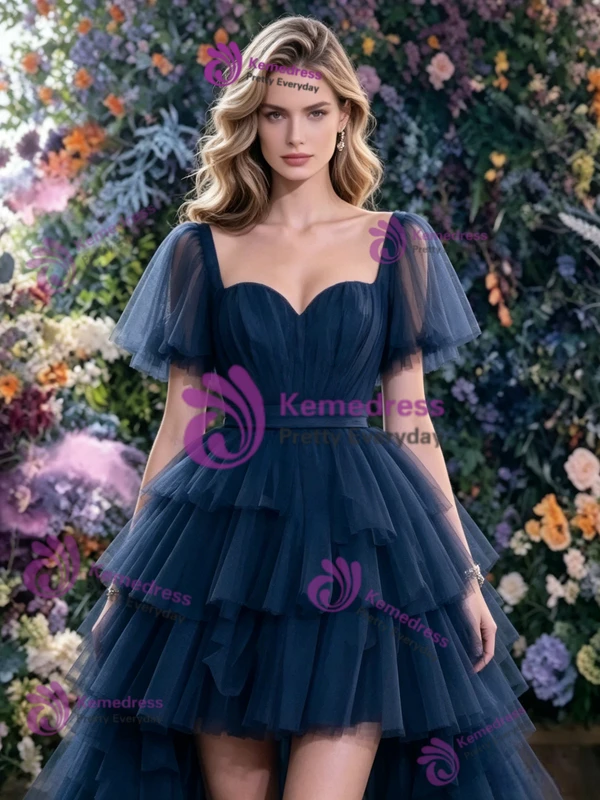 Navy Blue Tulle Hi Lo Prom Dress