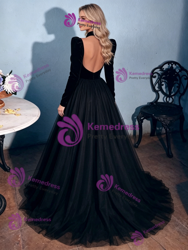 Black Tulle Velvet Long Sleeve Prom Dress