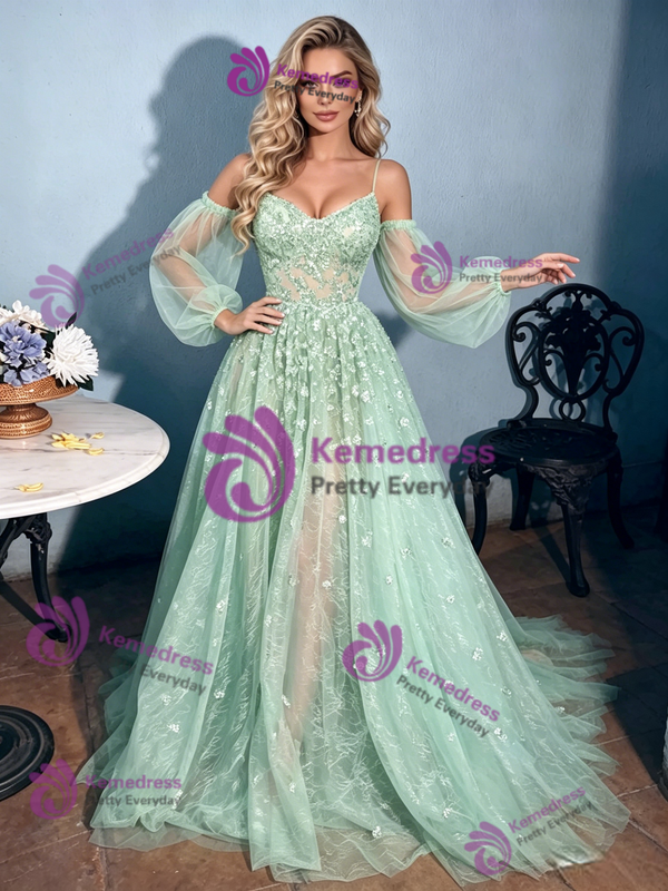 Green Tulle Straps Long Sleeve Prom Dress