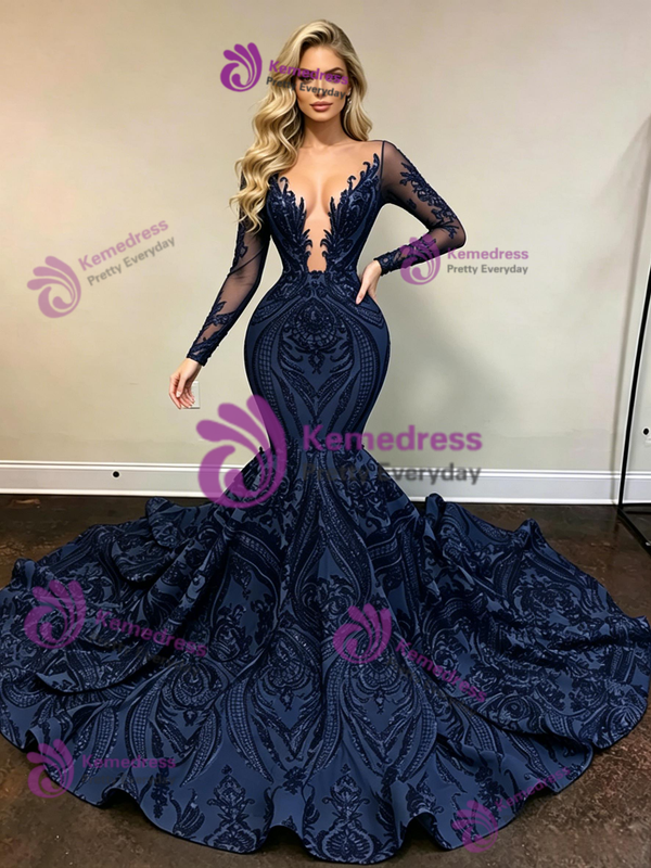 Navy Blue Mermaid Sequins Long Sleeve Prom Dress