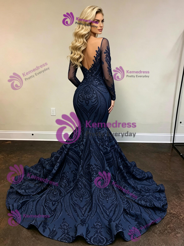 Navy Blue Mermaid Sequins Long Sleeve Prom Dress