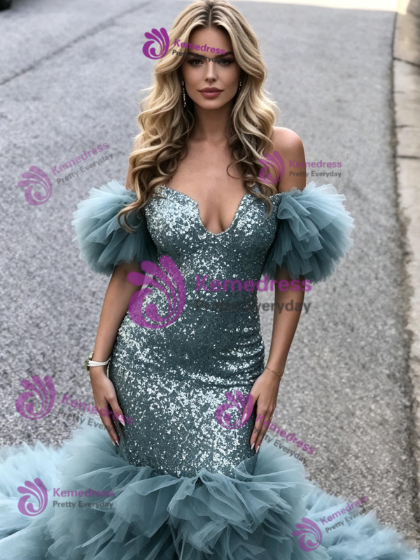 Blue Mermaid Sequins Tulle Prom Dress