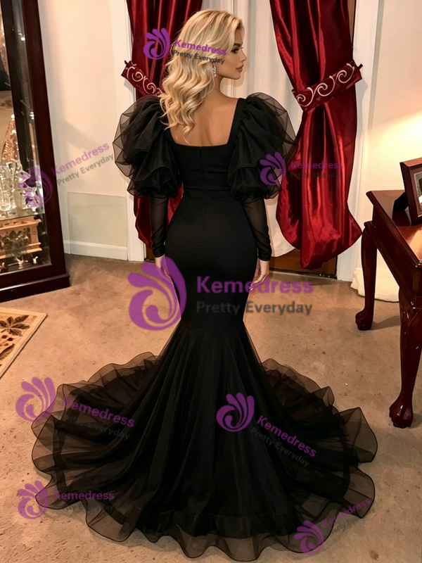Black Mermaid Tulle Long Sleeve Prom Dress