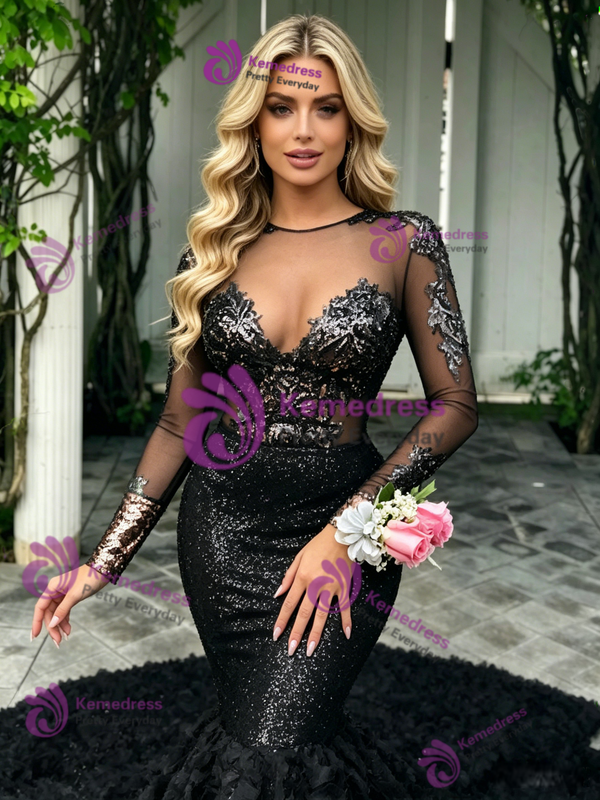 Black Mermaid Sequins Long Sleeve Prom Dress