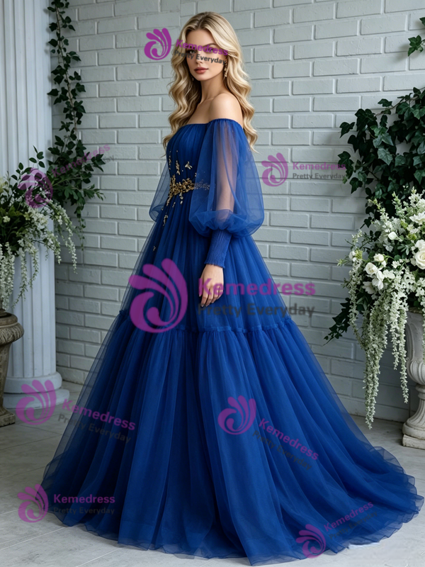Royal Blue Tulle Long Sleeve Beading Prom Dress