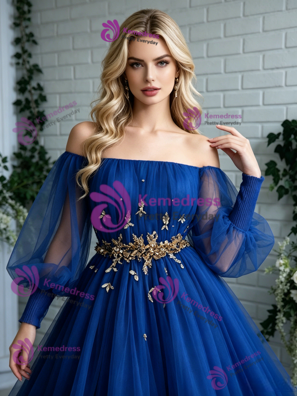 Royal Blue Tulle Long Sleeve Beading Prom Dress