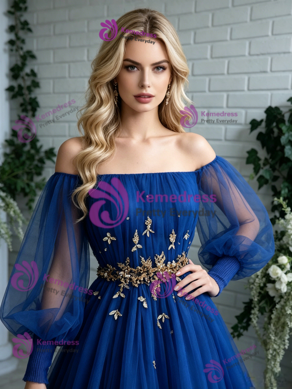Royal Blue Tulle Long Sleeve Beading Prom Dress