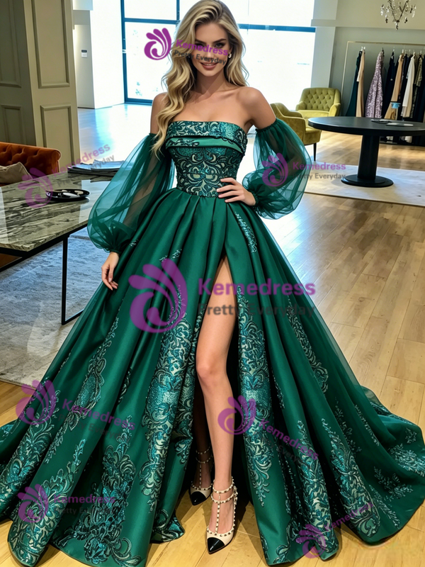 Blue Satin Straps Long Sleeve Prom Dress
