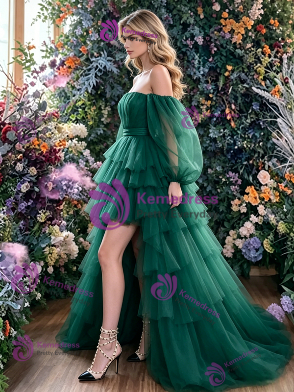Green Tulle Hi Lo Long Sleeve Prom Dress