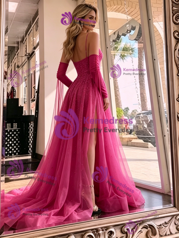 Fuchsia Tulle Sequins Long Sleeve Prom Dress