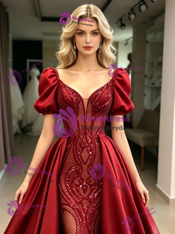 Burgundy Satin Puff Sleeve Prom Dress