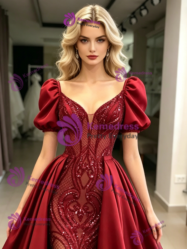 Burgundy Satin Puff Sleeve Prom Dress