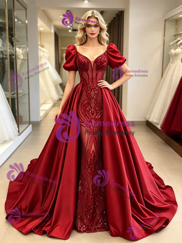 Burgundy Satin Puff Sleeve Prom Dress