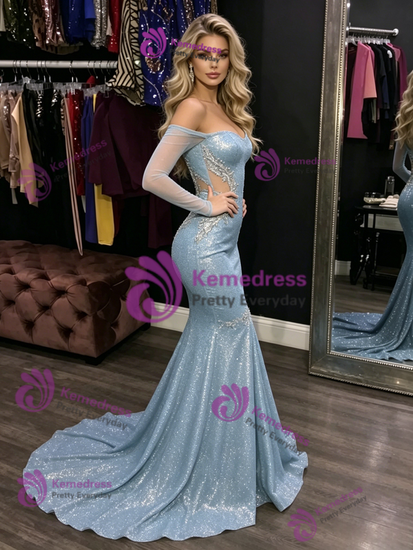 Blue Mermaid Sequins Long Sleeve Prom Dress