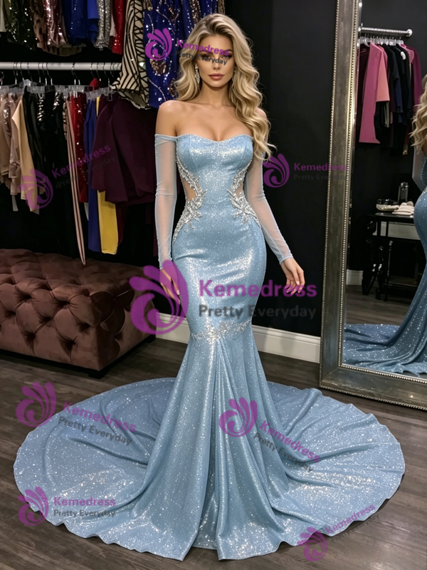 Blue Mermaid Sequins Long Sleeve Prom Dress