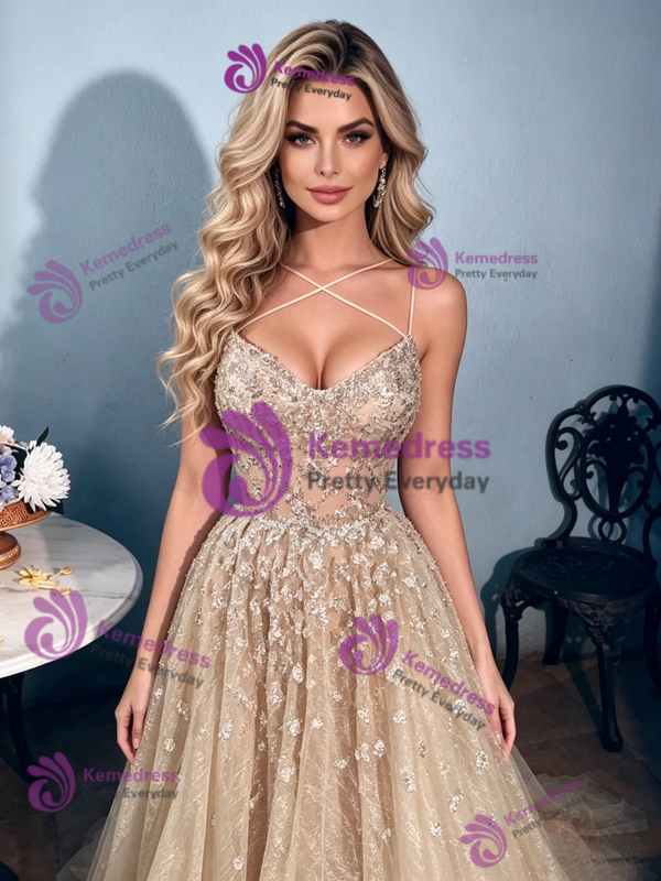 Champagne Lace Sequins Straps Prom Dress