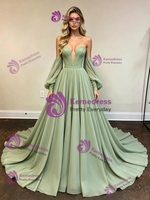 Green Chiffon Strapless Pleats Prom Dress