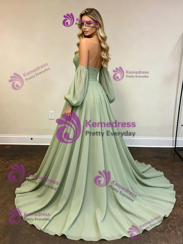Green Chiffon Strapless Pleats Prom Dress