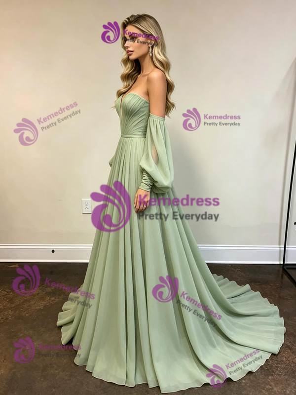 Green Chiffon Strapless Pleats Prom Dress
