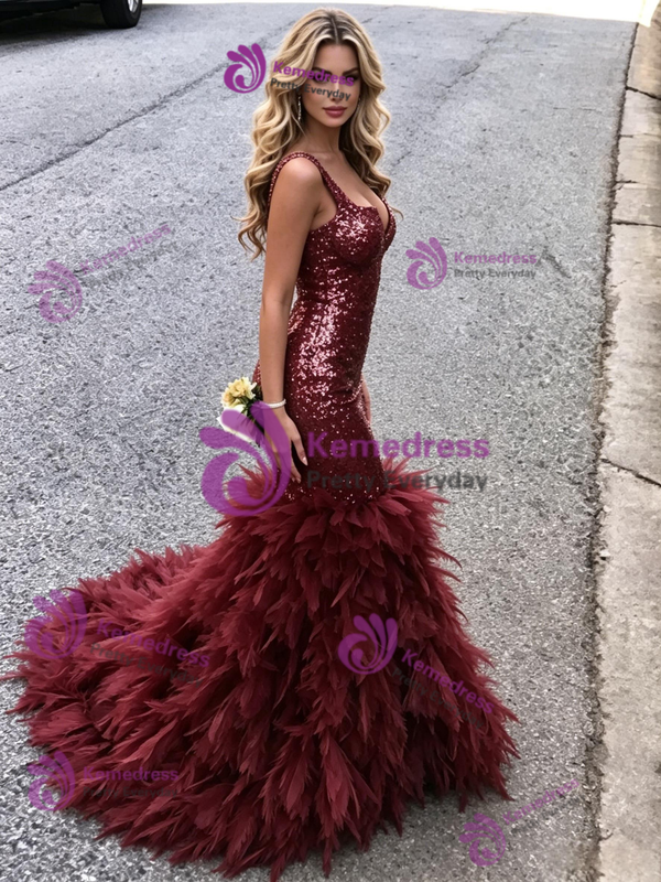 Burgundy Mermaid Sequins Straps Prom Dress
