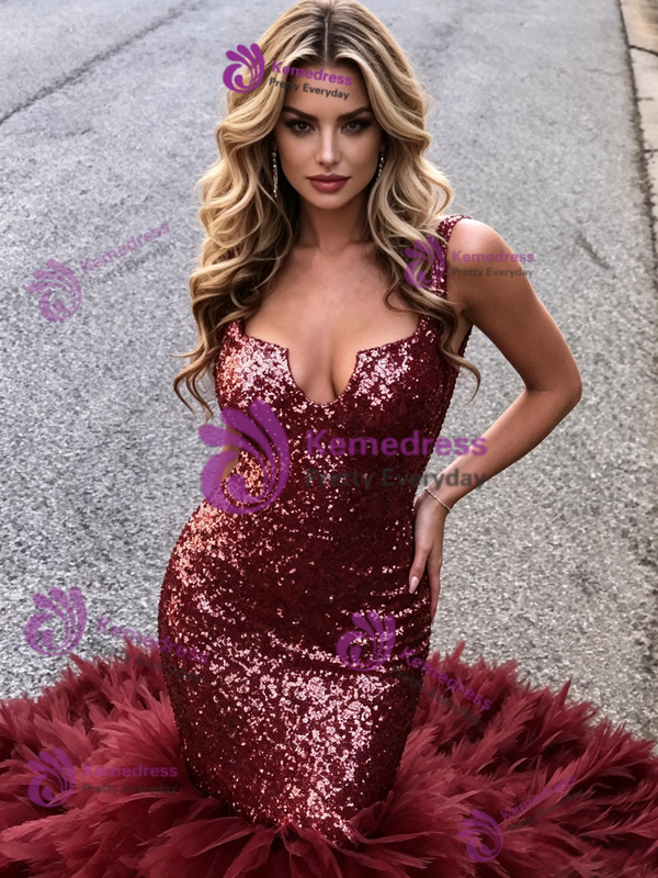 Burgundy Mermaid Sequins Straps Prom Dress