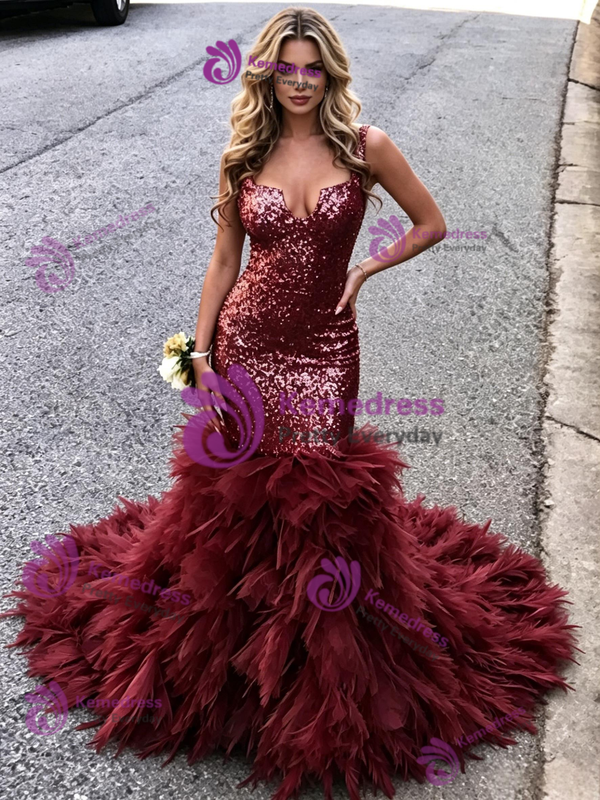 Burgundy Mermaid Sequins Straps Prom Dress