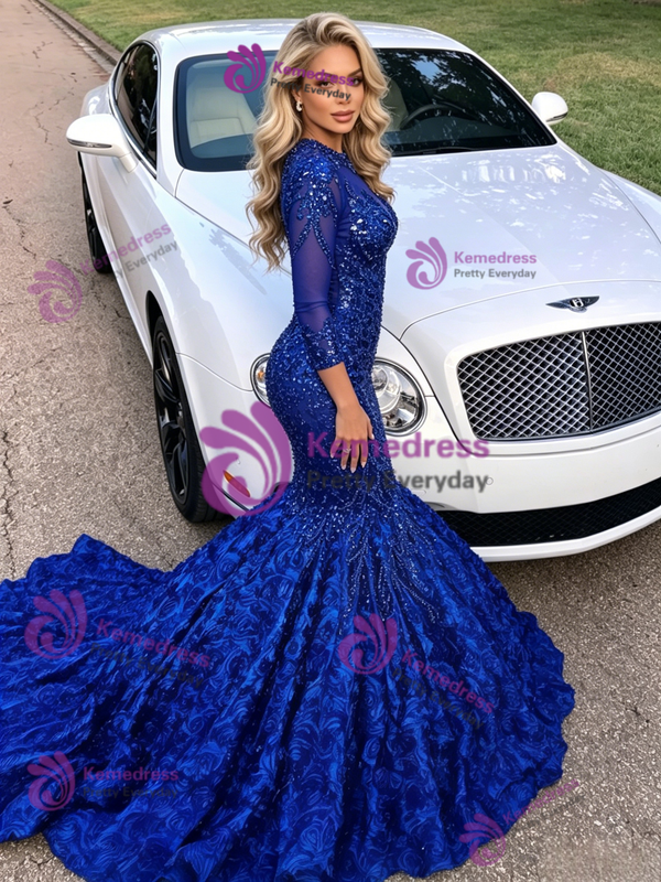 Blue Mermaid Short Sleeve Prom Dress