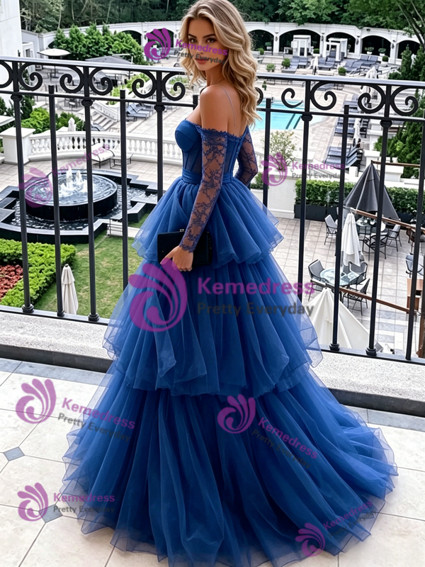 Blue Tulle Long Sleeve Tiers Prom Dress