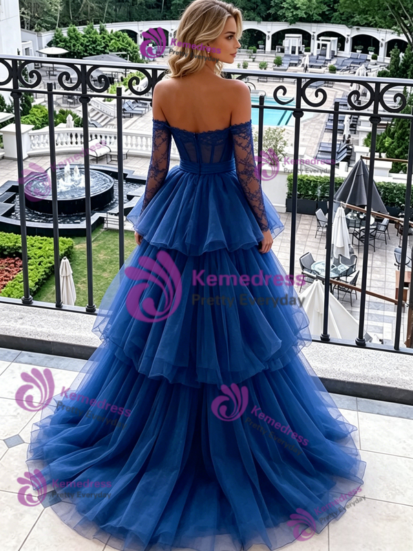 Blue Tulle Long Sleeve Tiers Prom Dress