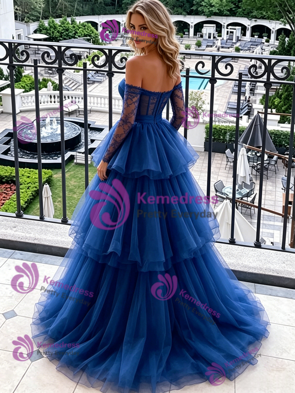 Blue Tulle Long Sleeve Tiers Prom Dress