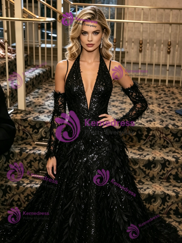 Black Sequins Long Sleeve Prom Dress