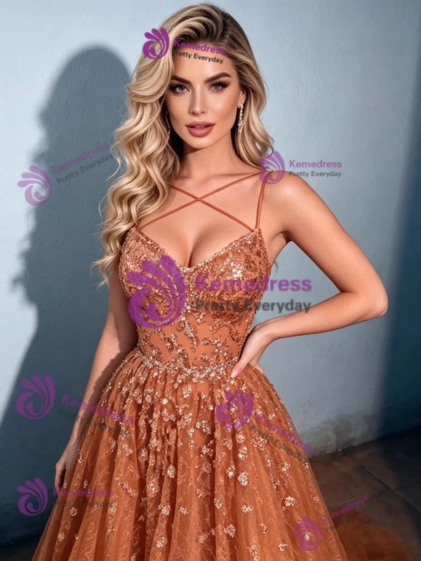 Orange Tulle Lace Straps Prom Dress