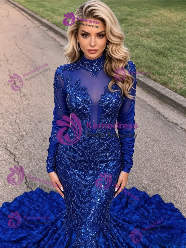 Blue Mermaid Sequins Long Sleeve Prom Dress