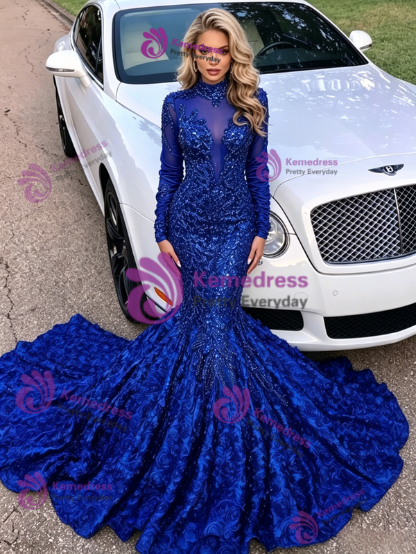 Blue Mermaid Sequins Long Sleeve Prom Dress