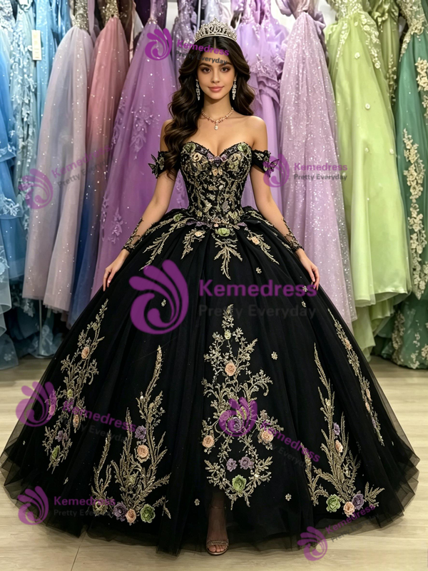Black Tulle Off the Shoulder Appliques Quinceanera Dress