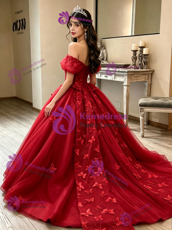 Red Tulle Off the Shoulder Prom Dress